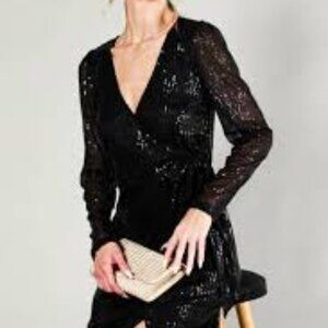 VD81516 Black Sequin Long Wrap Formal Cocktail Dress by Vine & Love